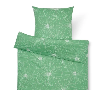 Grüne Bettwäsche mit weißem Blumenmuster, bestehend aus einem Kissenbezug und einem Bettbezug.
