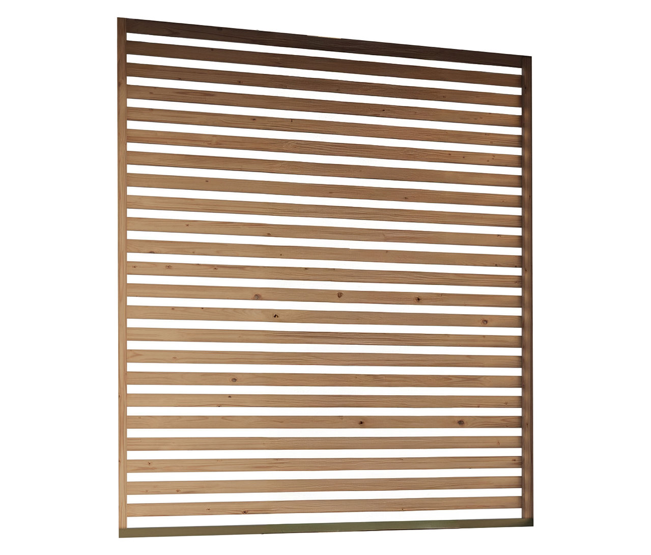 Holz-Sichtschutzwand mit horizontalen Lamellen vor weißem Hintergrund.