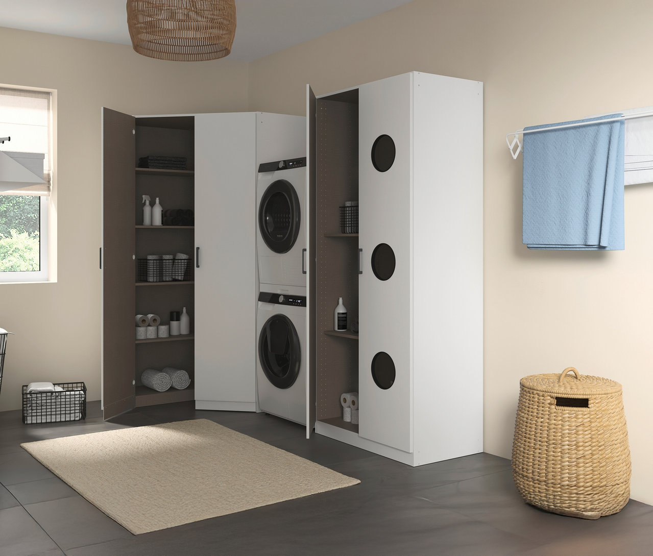 Waschküche mit rauch Wäscheschrank »Allrounder«, 2-türiger Wäscheeinwurf- und Eckschrank, Waschmaschine und Trockner.