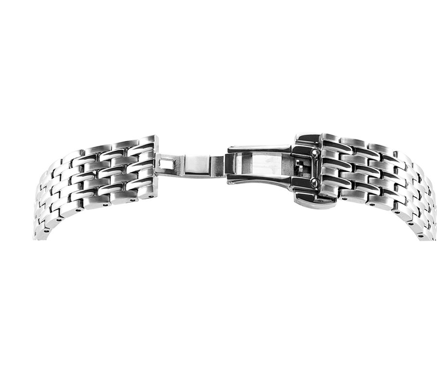 Nahaufnahme eines geöffneten, silberfarbenen Uhrenarmbands mit Gliederdesign auf weißem Hintergrund.