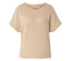 Beige Bluse mit kurzen Ärmeln und einem Muster aus braunen Kreuzen.