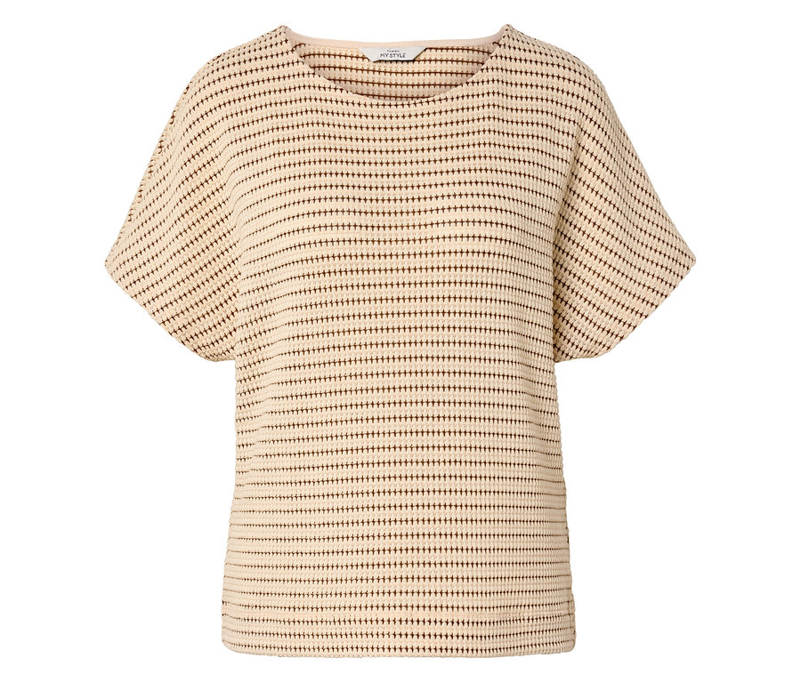 Beige Bluse mit kurzen Ärmeln und einem Muster aus braunen Kreuzen.