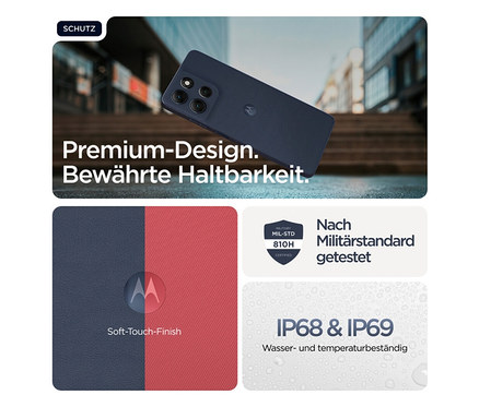 Das Motorola moto g86 5G 256 GB Spellbound liegt auf einer Treppe. Darunter sind Logos zu sehen, die Schutz vor Wasser versprechen.