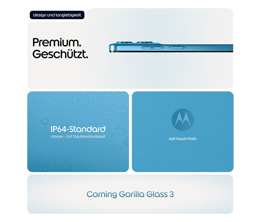 Nahansicht des Motorola moto g17 LTE 128GB in Alaskan Blue, mit Details zu IP64-Standard und Corning Gorilla Glass 3.
