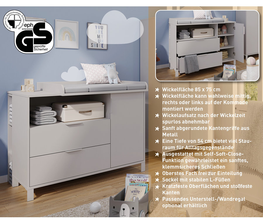 Das Bild zeigt ein breites »Alkmaar«-Set, bestehend aus Kommode und Wickelaufsatz in einem Kinderzimmer.