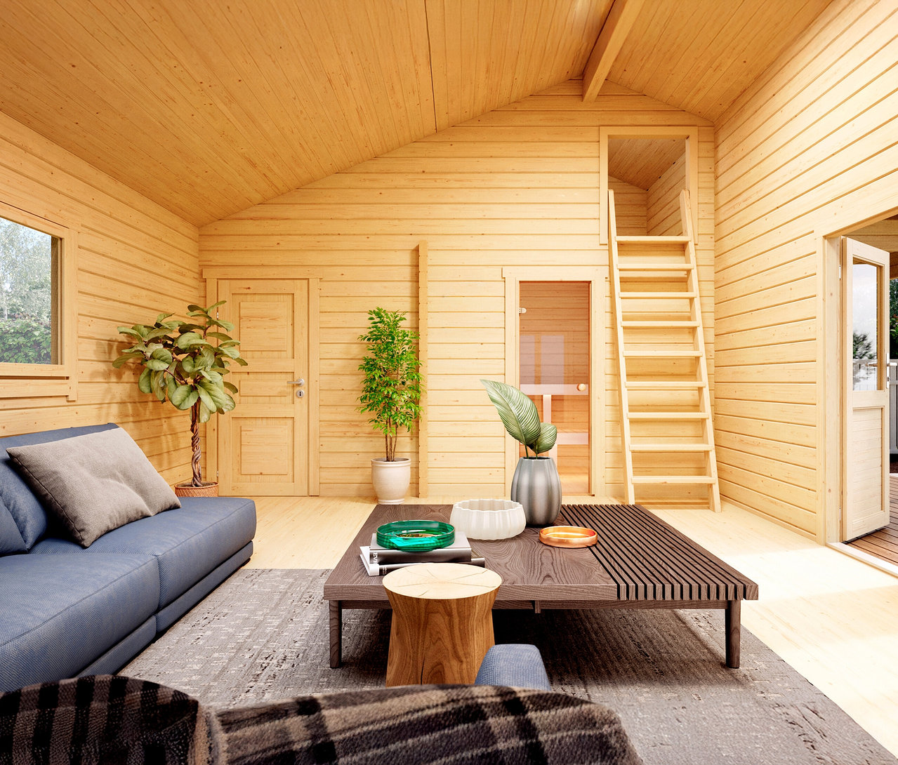 Holzhaus-Innenraum mit blauem Sofa, Couchtisch, Pflanzen und Leiter zum oberen Stockwerk.