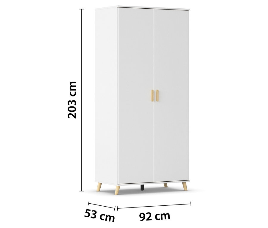 Weißer Kleiderschrank mit zwei Türen und goldenen Griffen, Maße sind eingezeichnet.