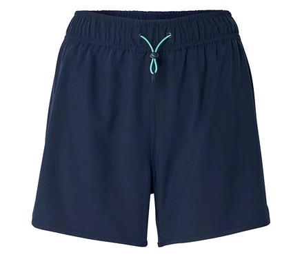 Marineblaue Shorts mit elastischem Bund und türkisfarbenem Kordelzug.
