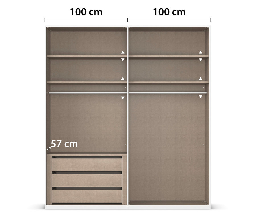 Draufsicht auf einen Kleiderschrank mit Regalen, drei Schubladen und den Maßen 100 x 100 x 57 cm.
