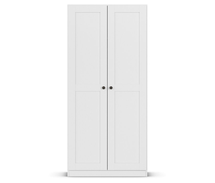 Weißer Kleiderschrank mit zwei Türen und runden Griffen.