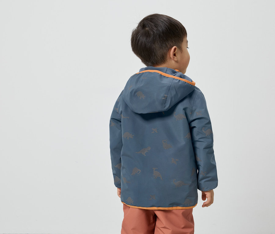 Rückansicht eines Kindes mit braunen Haaren in einer blauen Jacke mit Dinosaurier-Muster und Kapuze mit orangefarbenem Saum.