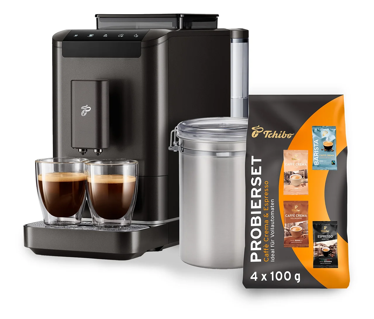 Schwarzer Esperto2 Caffè Vollautomat mit zwei Gläsern Kaffee, einer silbernen Aromadose und einem Tchibo Kaffee-Probierset.