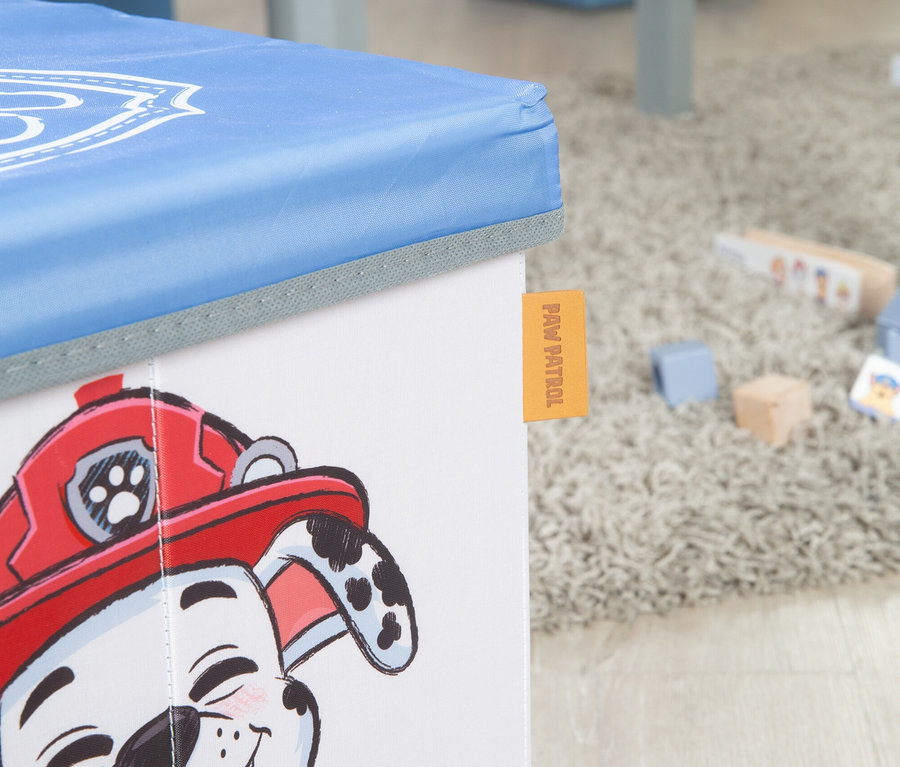 Detailansicht einer Spielzeugkiste mit Paw Patrol-Motiv und blauem Deckel auf einem Teppich, daneben Spielzeugwürfel.