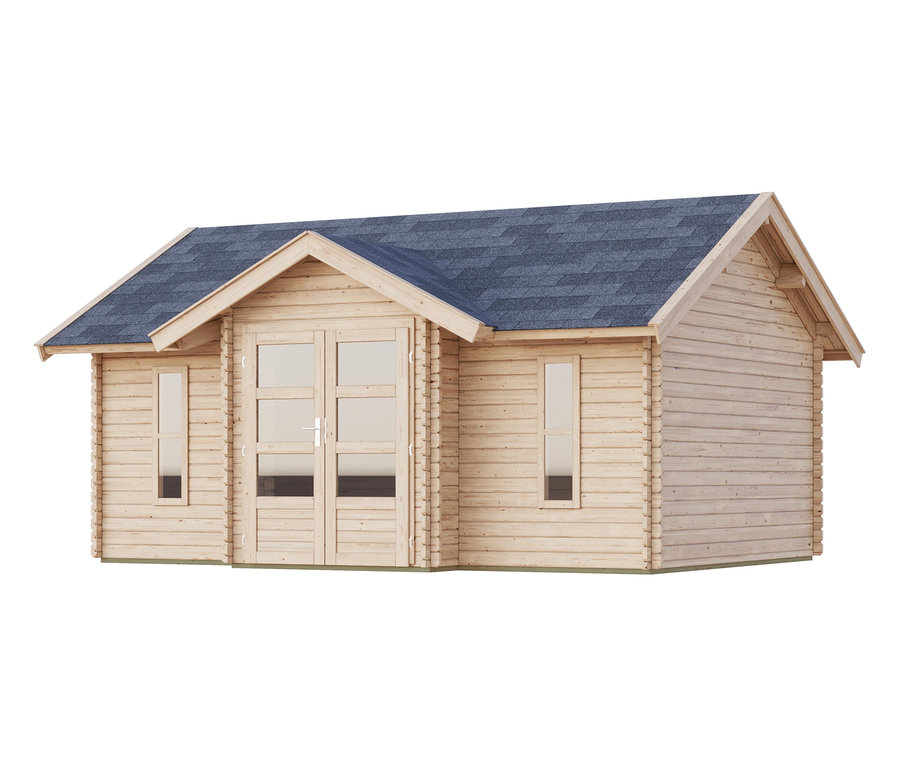 Holzgartenhaus mit blaugrauem Dach und Doppeltür mit Fenstern.