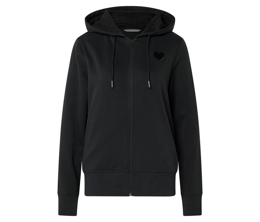 Schwarzer Kapuzenpullover mit Reißverschluss und Herz auf der Brust.