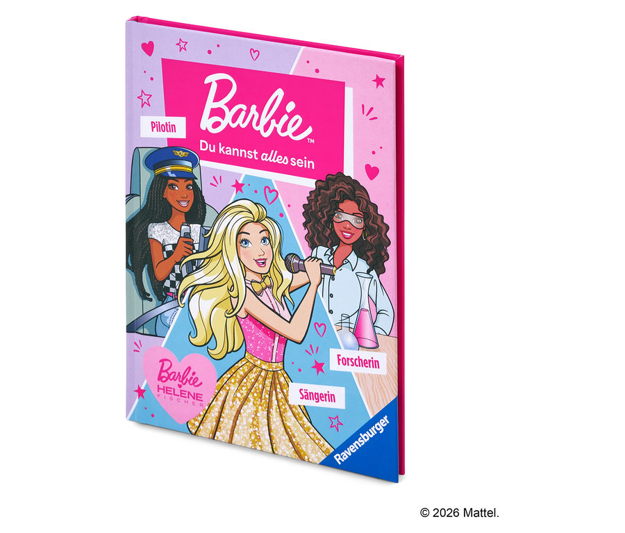 Cover eines Buches mit Barbie als Sängerin, Pilotin und Forscherin.