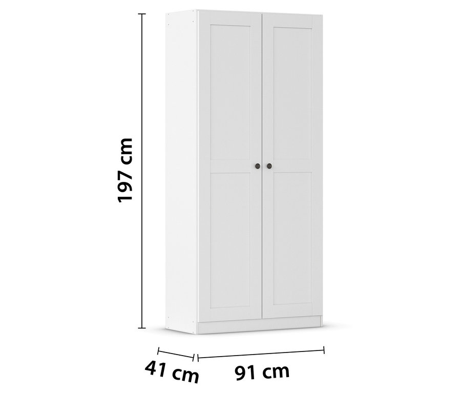 Weißer Kleiderschrank mit zwei Türen, Maße 197 cm Höhe, 91 cm Breite und 41 cm Tiefe.