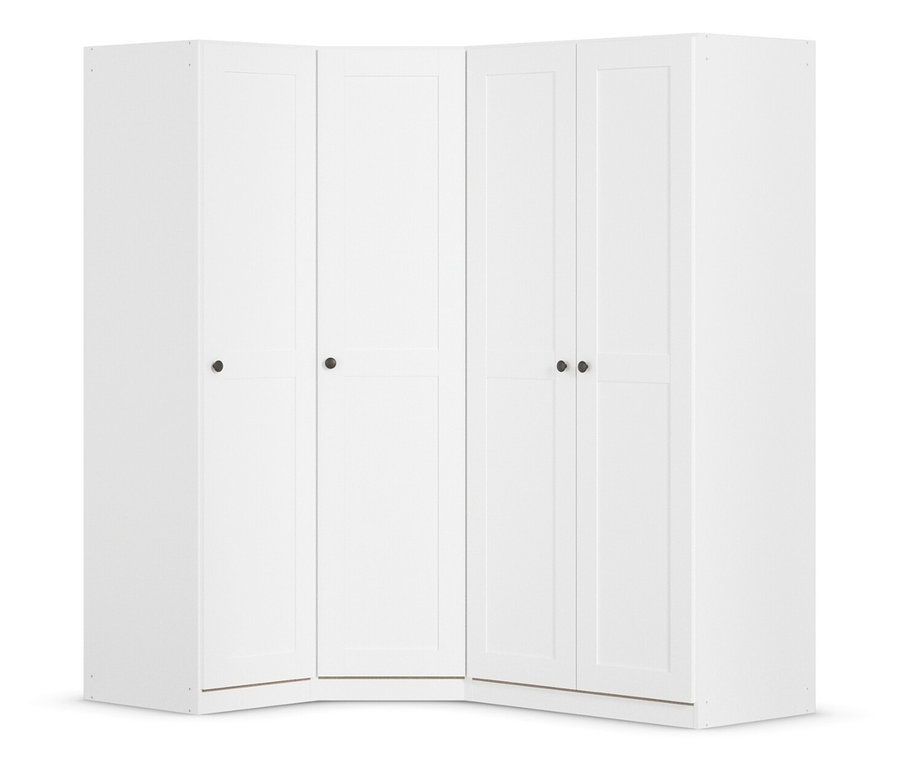 Weißer Eckschrank mit vier Türen und runden Griffen vor weißem Hintergrund.