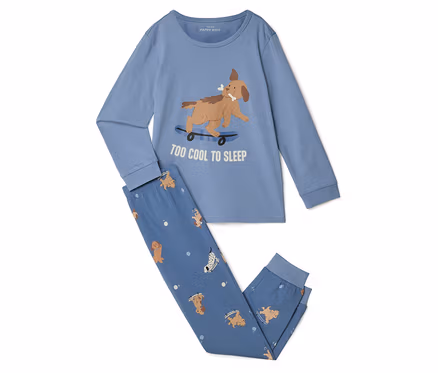 Hellblauer Schlafanzug mit langärmligem Oberteil und langer Hose. Das Oberteil zeigt einen braunen Hund auf einem Skateboard mit der Aufschrift "TOO COOL TO SLEEP". Die Hose hat ein Muster aus Hunden und Knochen.