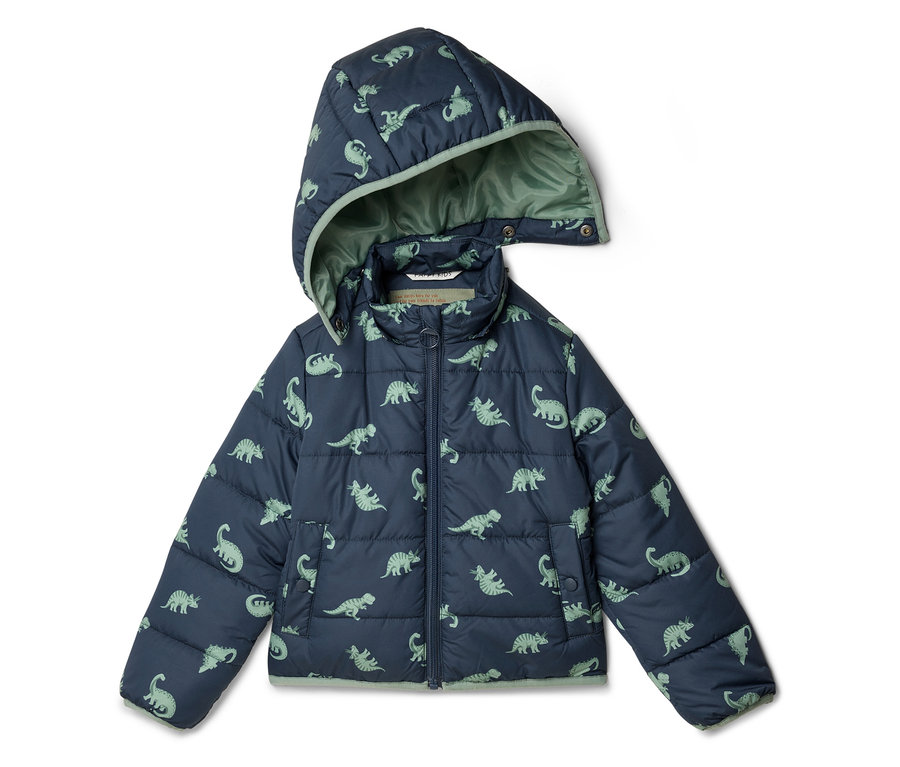 Marineblaue, gesteppte Kinderjacke mit Kapuze und grünem Dinosaurier-Muster.