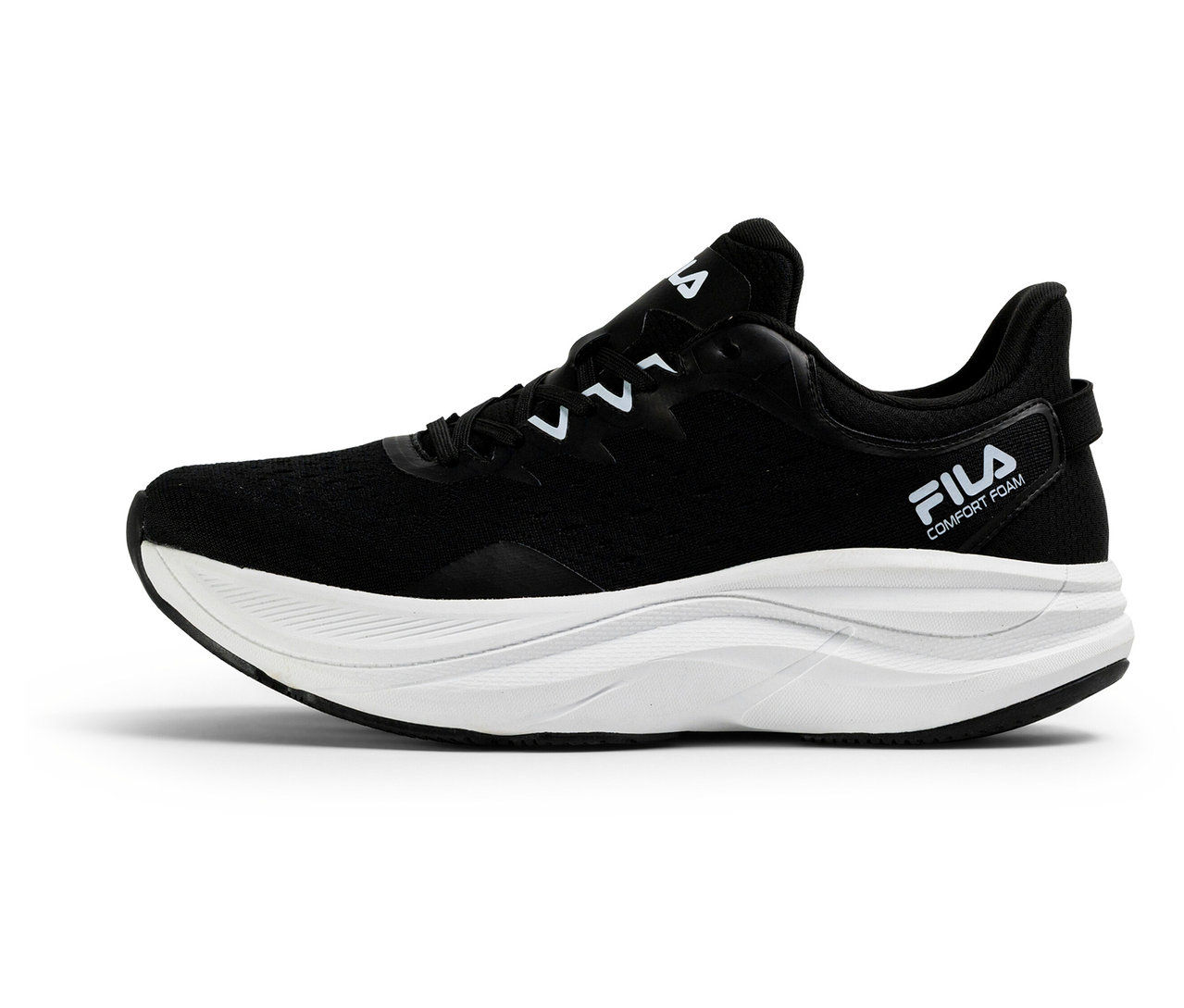 FILA Retron Herren-Sneaker, black-white. Schwarzer Sneaker mit weißer Sohle und FILA Logo an der Seite.