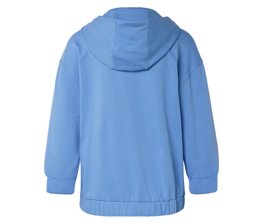 Rückansicht eines hellblauen Kapuzenpullovers mit langen Ärmeln und elastischem Saum.