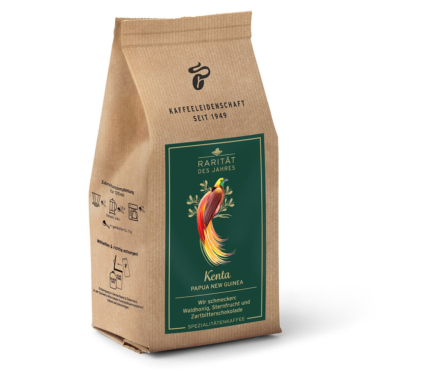 Eine ungeöffnete Packung Kenta Papua New Guinea Spezialitätenkaffee.