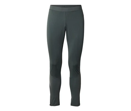 Dunkelgraue Sportleggings mit breitem Bund, reflektierenden Punkten am linken Unterschenkel und Reißverschlüssen an den Knöcheln.