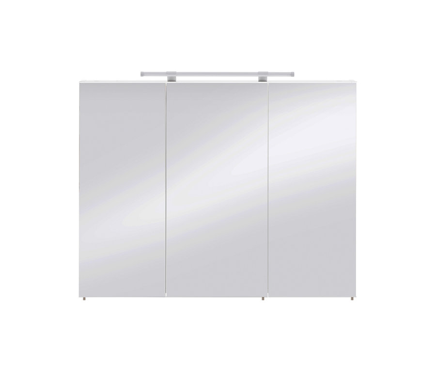 Weißer Spiegelschrank »Dorina« mit drei Spiegeltüren und einer horizontalen Lichtleiste oben, 100 cm breit.