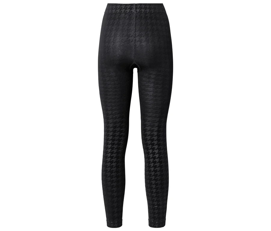 Schwarze Leggings mit durchgehendem Hahnentrittmuster, von hinten gesehen.
