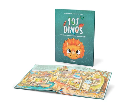 Ein stehendes Buch mit dem Titel "101 DINOS" und ein offenes Buch liegen auf weißem Hintergrund. Das stehende Buch zeigt auf dem Cover einen Triceratops-Kopf und kleine Dinosaurier. Das offene Buch zeigt eine bunte Illustration von Dinosauriern in einer Stadt.