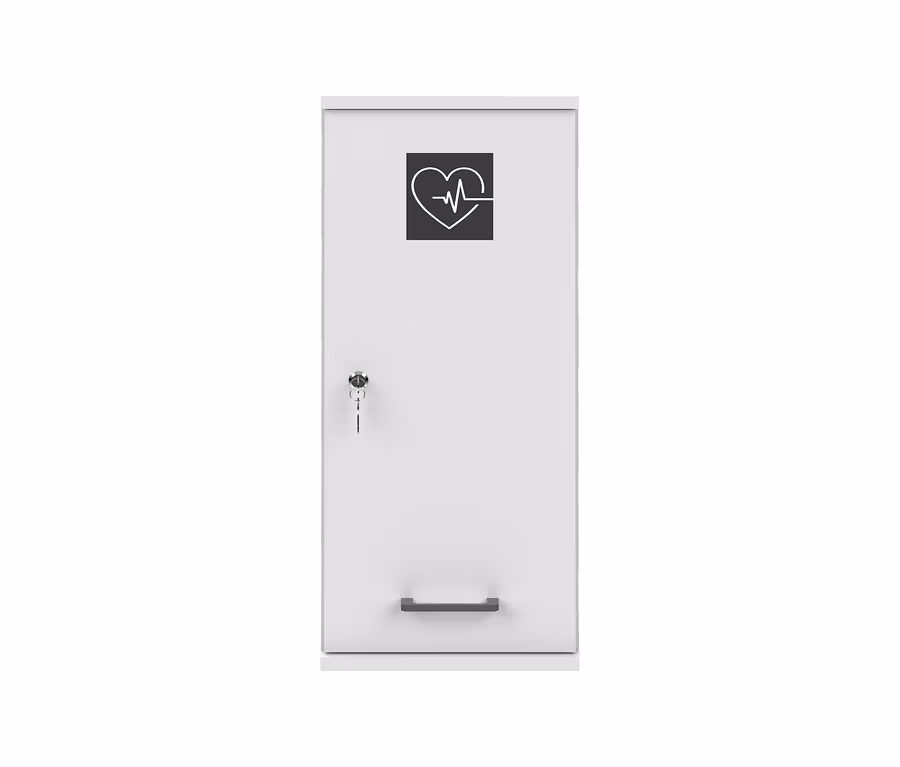 Mattweißer Medizinschrank »Galeno« mit einer Tür, Herz-EKG-Symbol, Schloss und Griff.