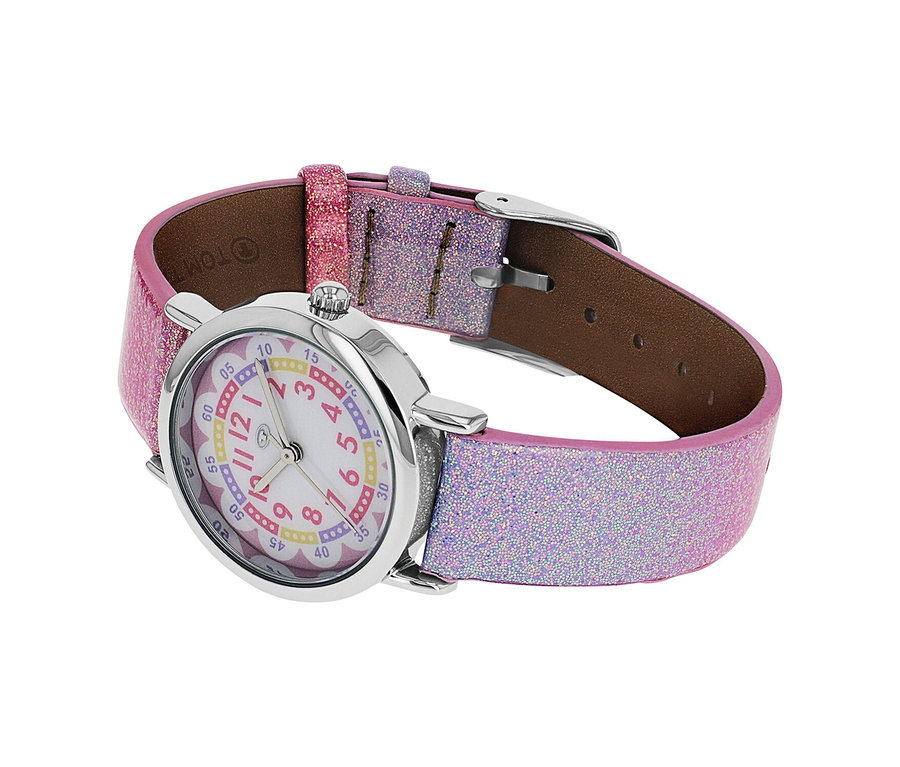Kinderuhr mit silberfarbenem Gehäuse, weißem Zifferblatt mit großen roten Zahlen und buntem Minutenring. Das pinke Glitzerarmband hat Lederoptik und eine silberne Dornschließe.