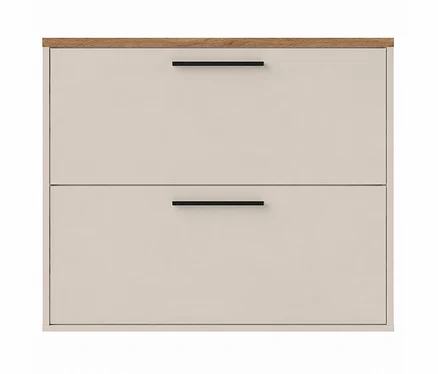 Helles beiges Sideboard mit zwei Schubladen, jeweils mit einem schwarzen horizontalen Griff und einer hellbraunen Holzplatte.