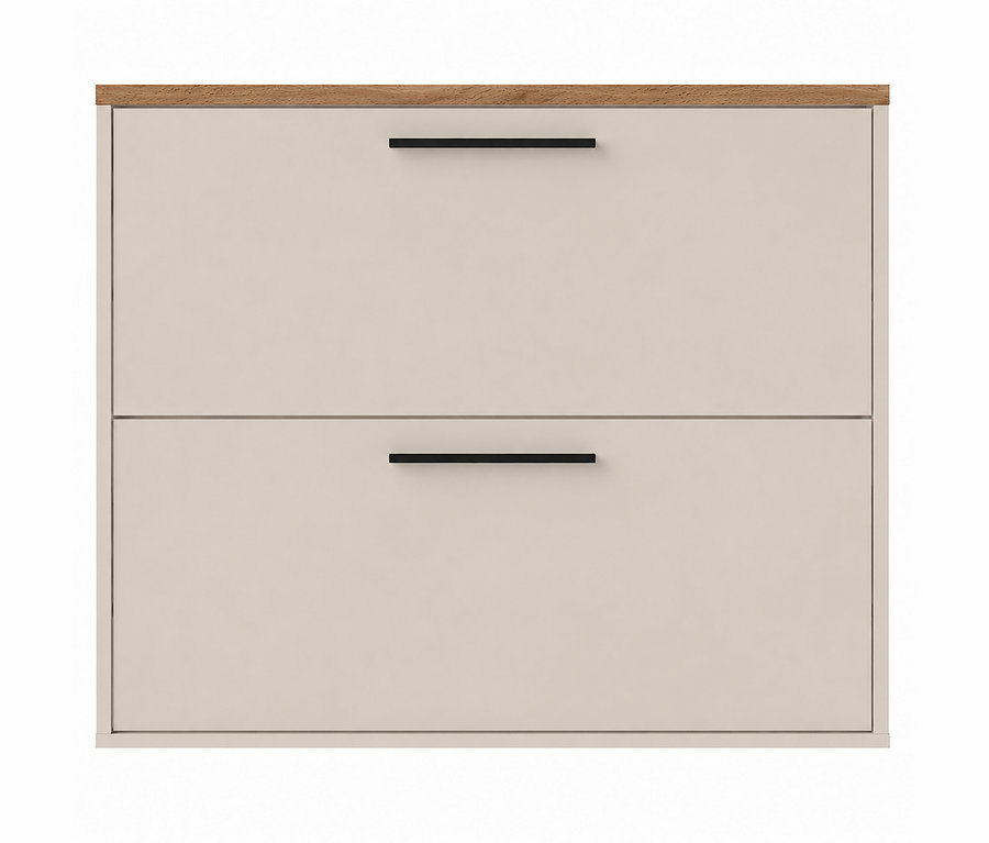 Helles beiges Sideboard mit zwei Schubladen, jeweils mit einem schwarzen horizontalen Griff und einer hellbraunen Holzplatte.