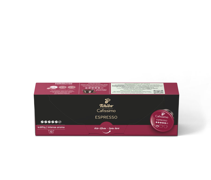 Eine Packung Cafissimo Espresso kräftig mit 10 und 80 Kapseln.
