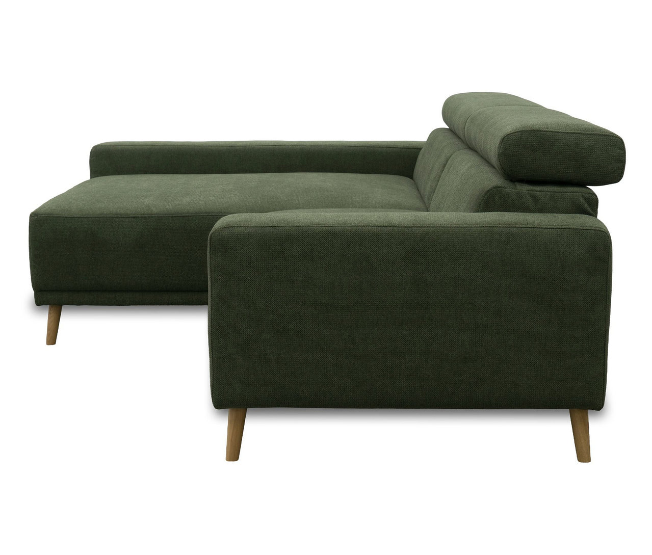 Grünes DOMO Sofa »Malmö« mit Longchair links, Kopfteilverstellung und Holzfüßen.