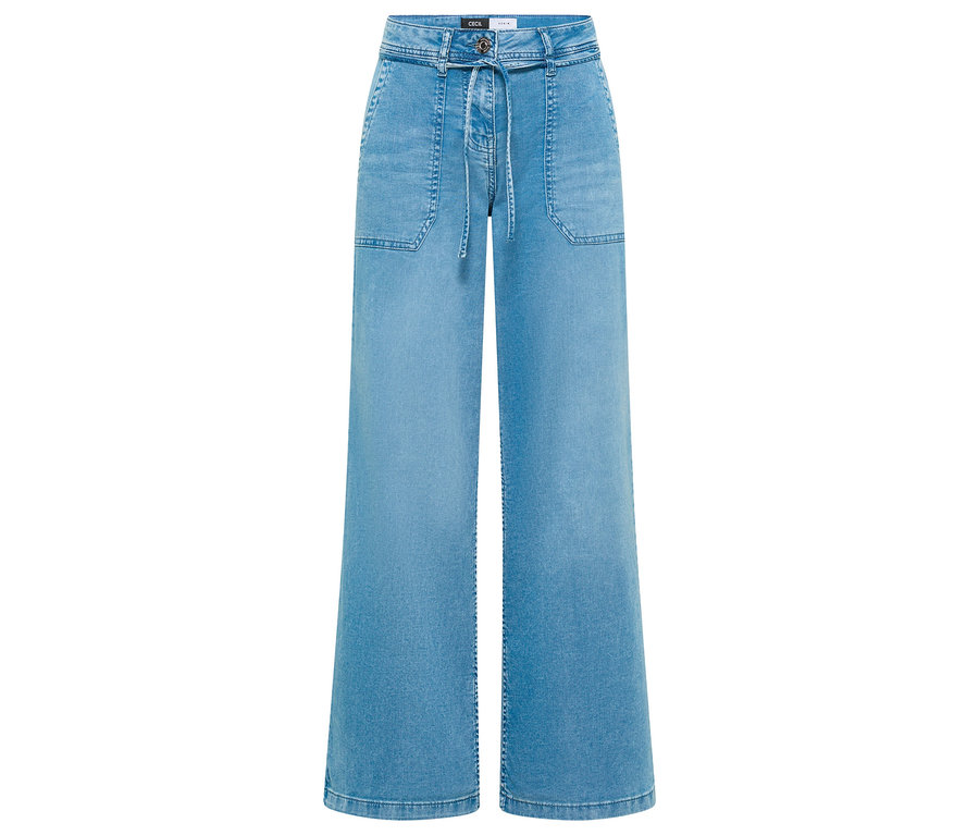 Helleblaue CECIL Jeans »Neele« mit weitem Bein, Bindegürtel und aufgesetzten Vordertaschen.