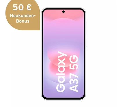Weißes Samsung Galaxy A37 5G Smartphone mit lila-pinkem Bildschirm, der 'Galaxy A37 5G' anzeigt. Ein goldener Kreis oben links bietet einen '50 € Neukunden-Bonus'.