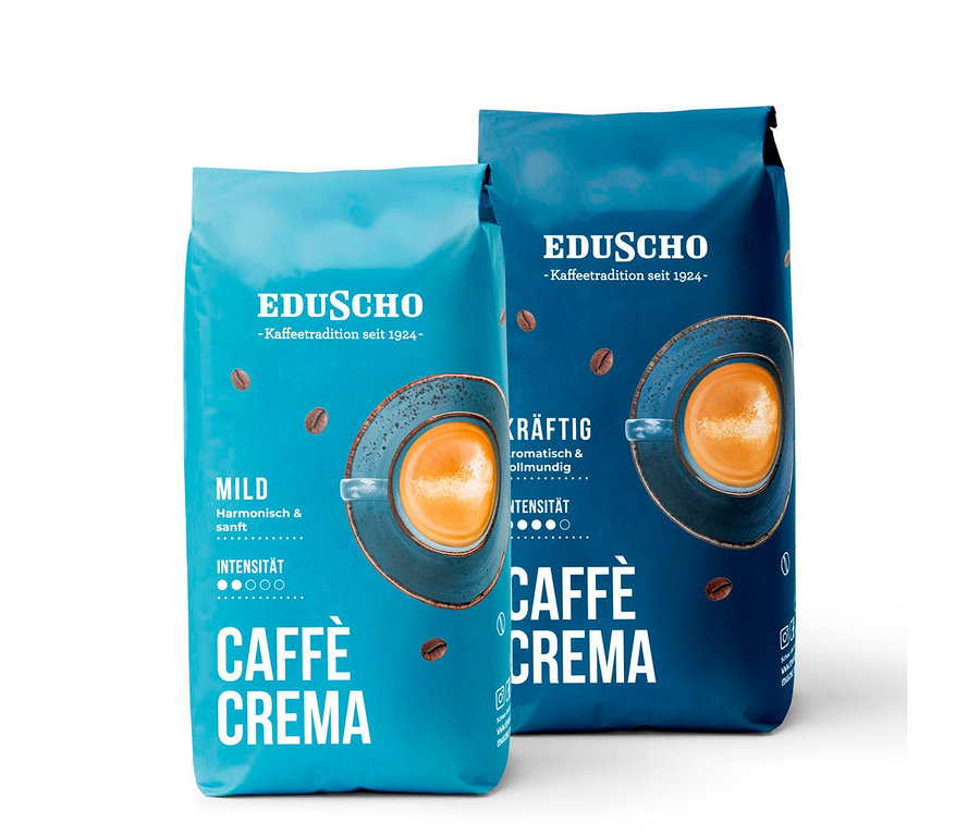 Zwei Packungen Eduscho Caffè Crema in verschiedenen Sorten nebeneinander.
