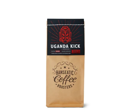 Eine Packung Hanseatic - Uganda Kick Espresso - 250 g Ganze Bohne.