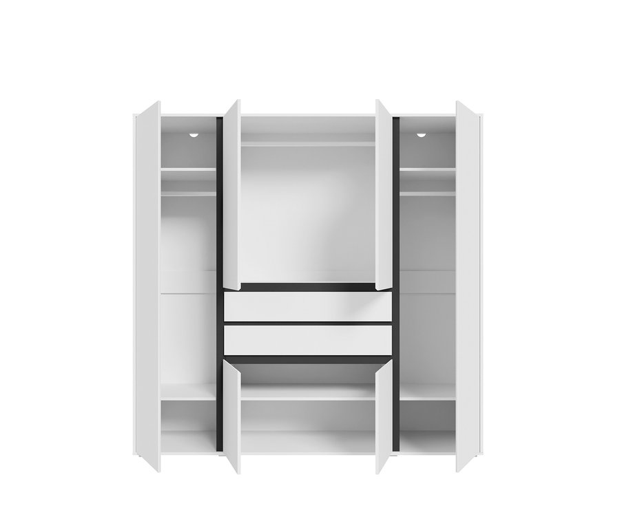 Ein großer, weißer Kleiderschrank mit schwarzen Akzenten, alle sechs Türen sind geöffnet. Er hat zwei äußere Abteile mit Regalen und Kleiderstangen sowie ein mittleres Abteil mit einer Kleiderstange, zwei Schubladen und unteren Regalen.