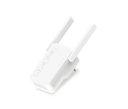 Ein weißer Strong Wi-Fi 6 Repeater »AX 1800« mit zwei Antennen.