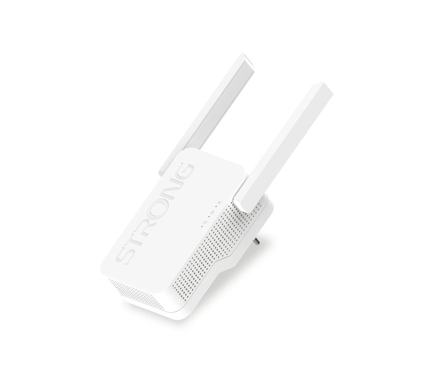 Ein weißer Strong Wi-Fi 6 Repeater »AX 1800« mit zwei Antennen.