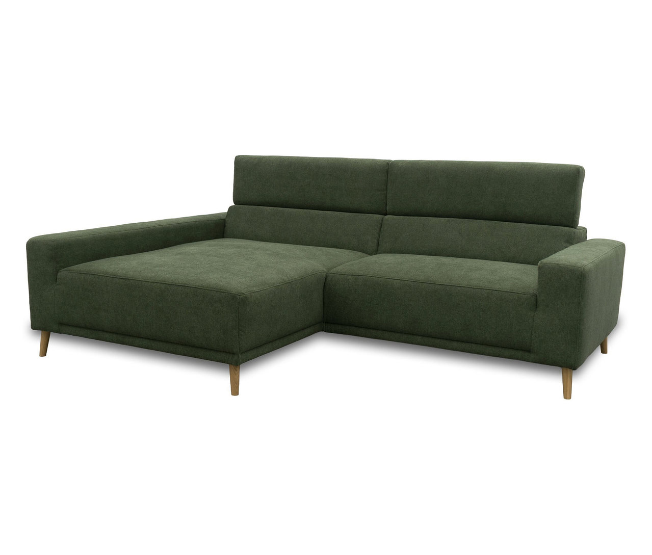 Grünes DOMO Sofa »Malmö« in L-Form mit Longchair links, Kopfteilverstellung und Holzfüßen.