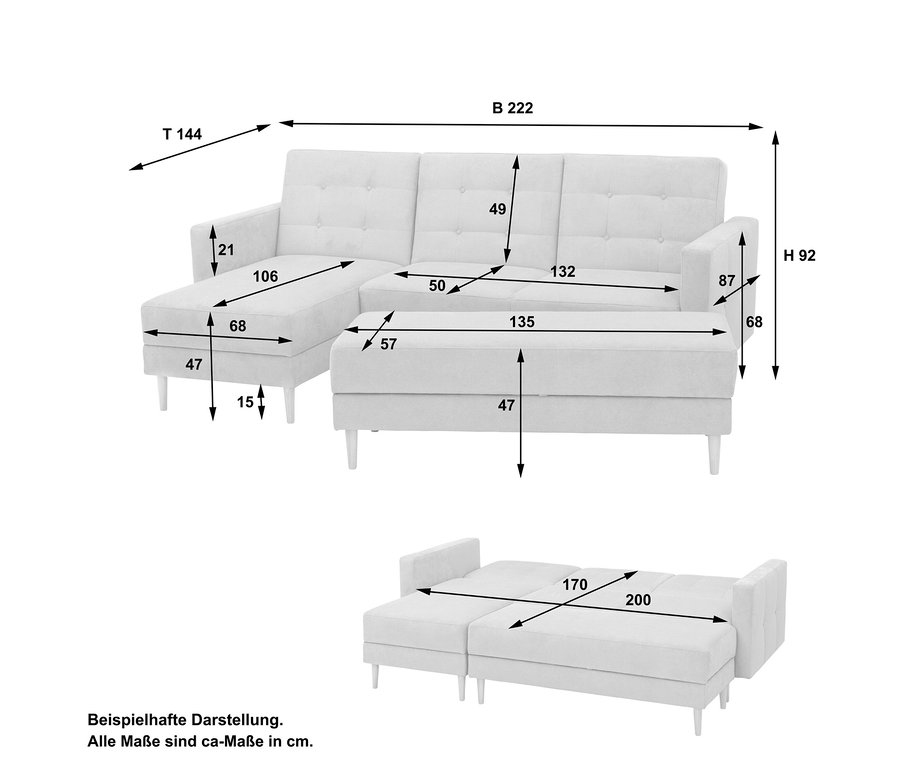 Helles L-förmiges Sofa mit Récamiere und Holzfüßen, in zwei Ansichten dargestellt: als Sofa und als ausziehbares Bett. Zahlreiche Maße sind in beiden Konfigurationen eingezeichnet, darunter Gesamtbreite, Tiefe, Höhe und Liegefläche. Unten steht: 'Beispielhafte Darstellung. Alle Maße sind ca-Maße in cm.'