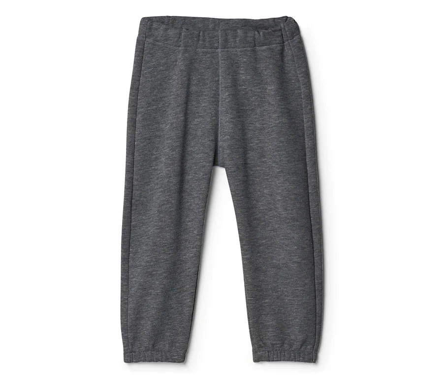 Dunkelgraue Baby-Sweathose mit elastischem Bund und Bündchen, flach liegend.