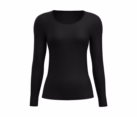 Schwarzes CALIDA »True Confidence« Langarm-Shirt mit Rundhalsausschnitt, flach liegend auf weißem Hintergrund.