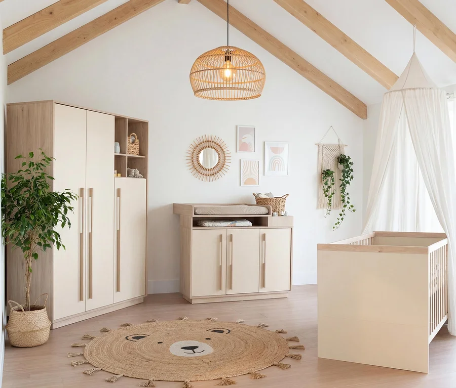 Ein helles Babyzimmer mit Holzbalken an der Decke, einem hellen Holzkleiderschrank, einer Wickelkommode und einem Gitterbett. Ein runder Bären-Teppich liegt auf dem Boden.