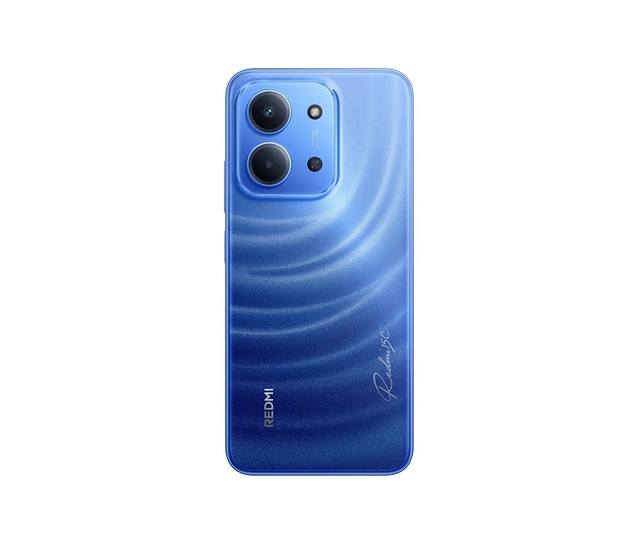 Nahaufnahme der Rückseite eines Xiaomi Redmi 15C 128 GB Moonlight Blue Smartphones.